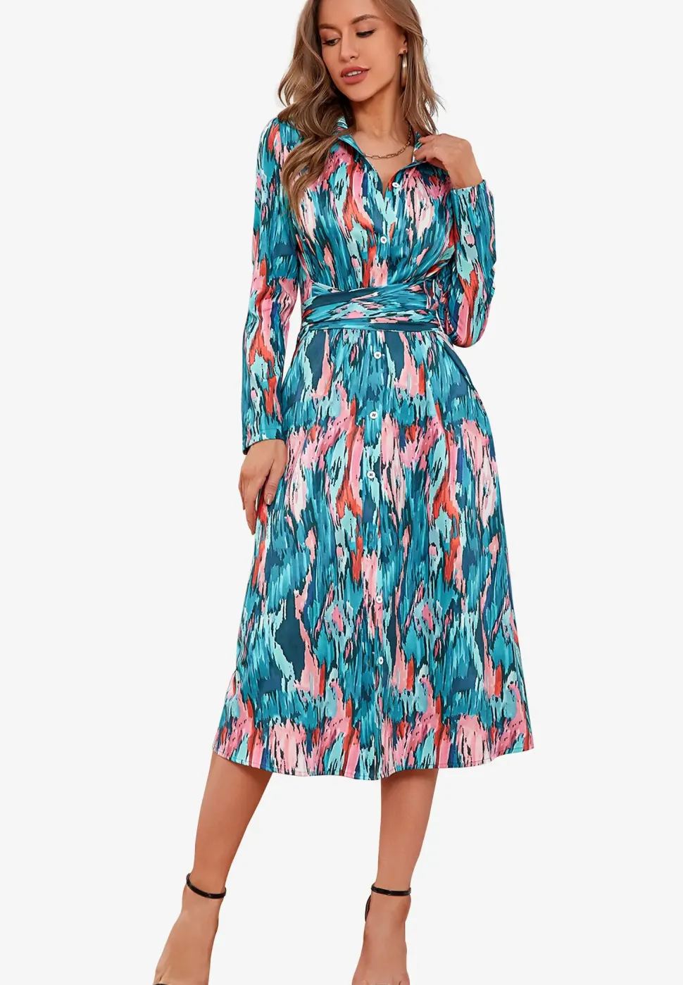Relaxed Long Sleeve Wrap Waist Midi Shirt Dress