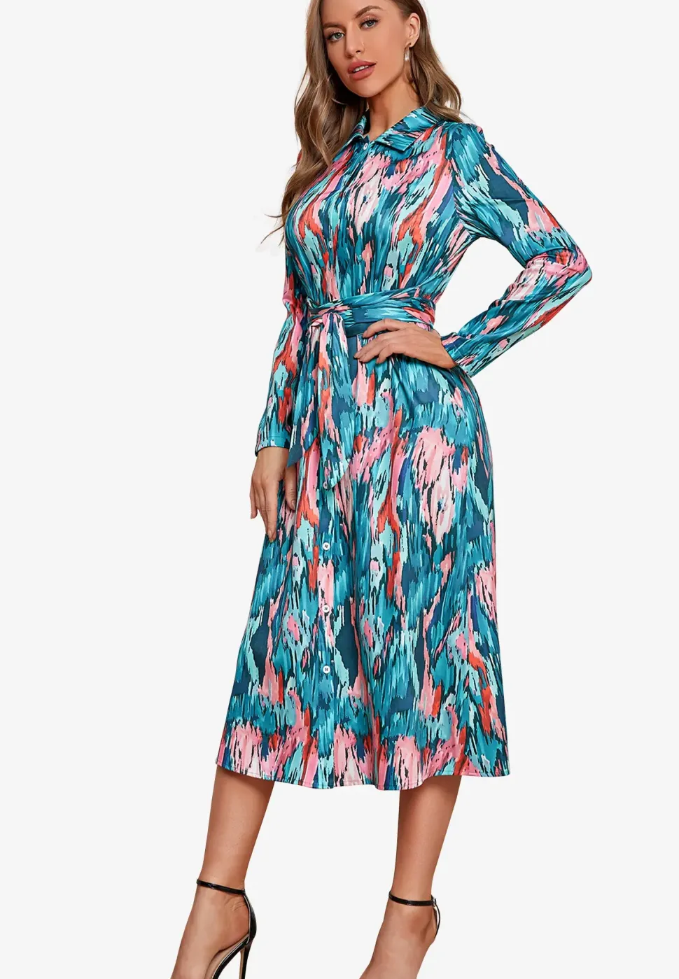 Relaxed Long Sleeve Wrap Waist Midi Shirt Dress
