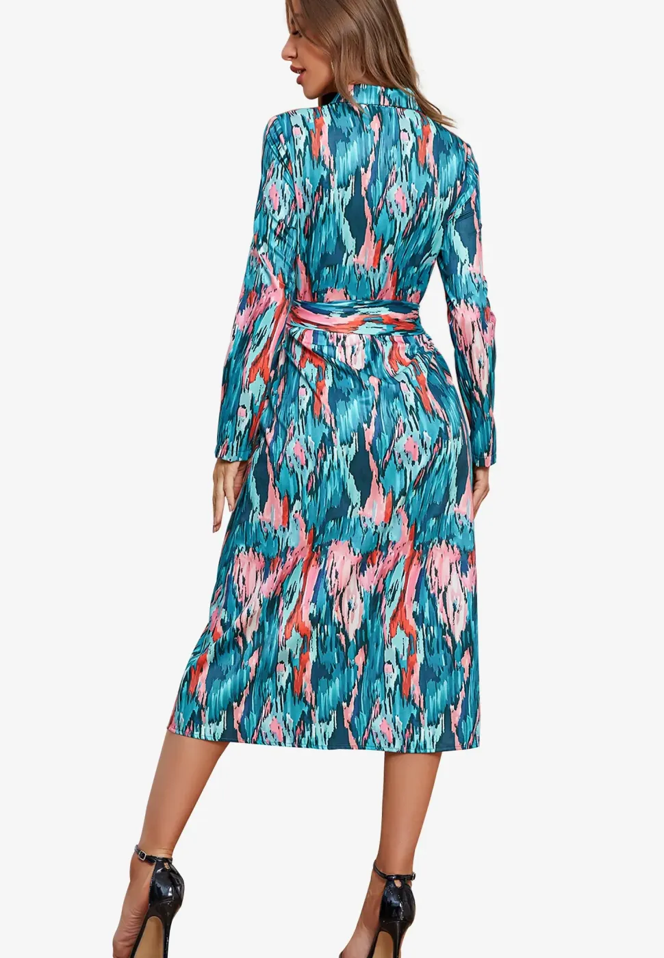 Relaxed Long Sleeve Wrap Waist Midi Shirt Dress