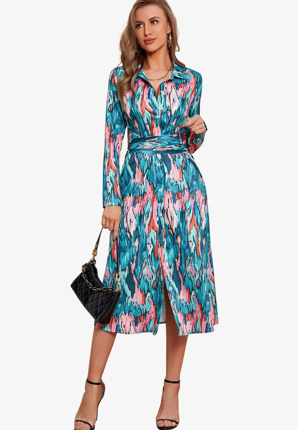 Relaxed Long Sleeve Wrap Waist Midi Shirt Dress