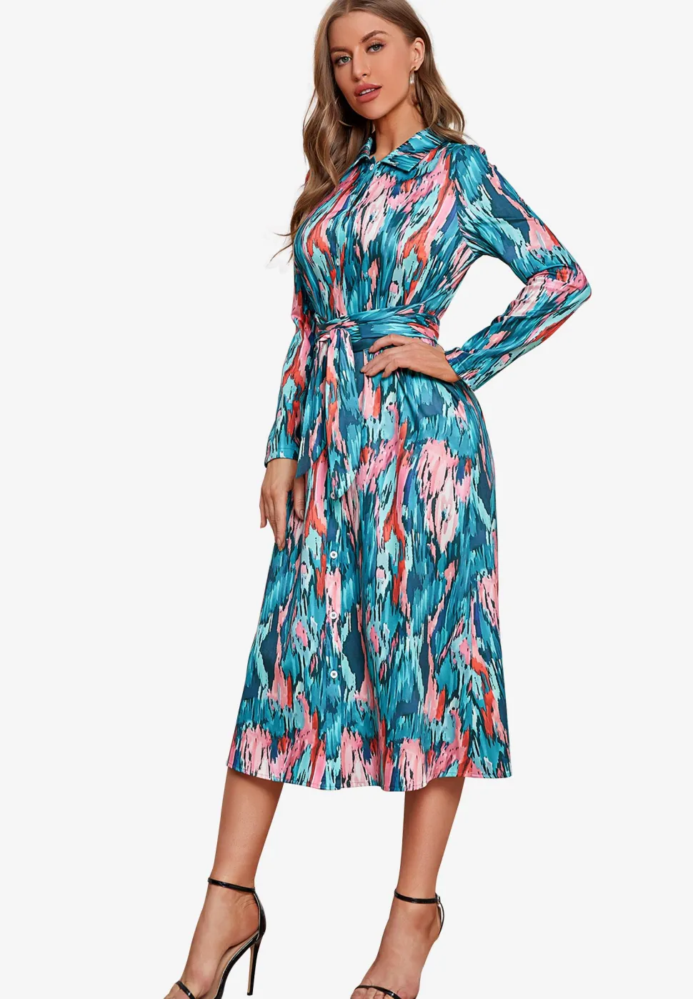 Relaxed Long Sleeve Wrap Waist Midi Shirt Dress