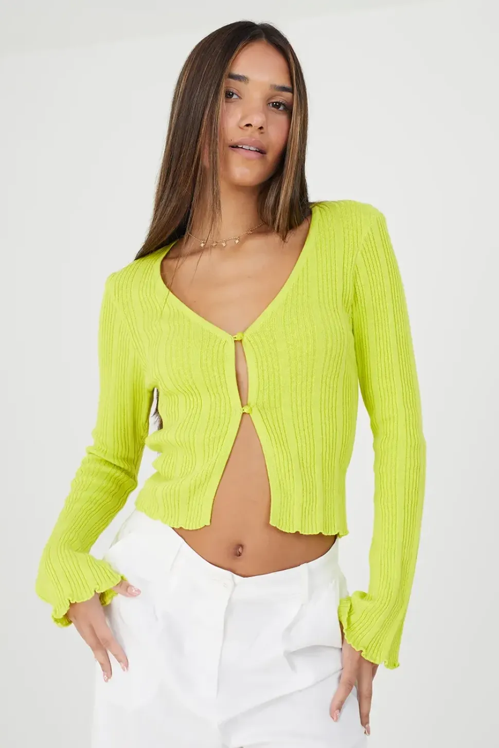 Ribbed Knitted Cardigan with Wide Sleeve