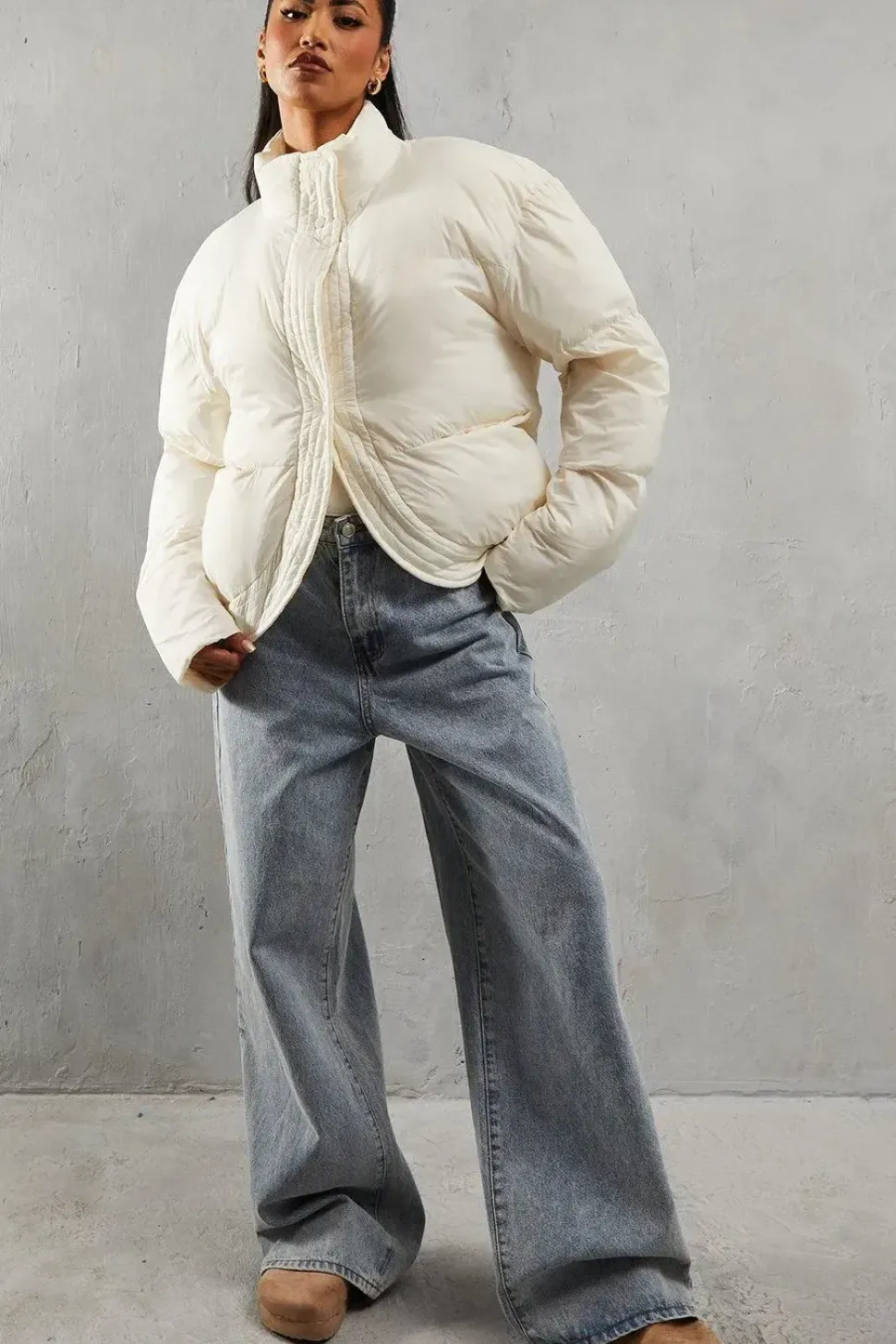 Ribbed Placket Puffer Coat