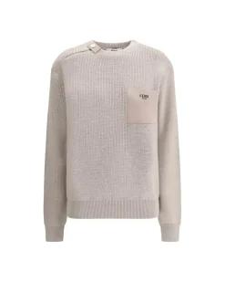 Ribbed Virgin Wool Sweater with Monogram Pocket and Adjustable Neck
