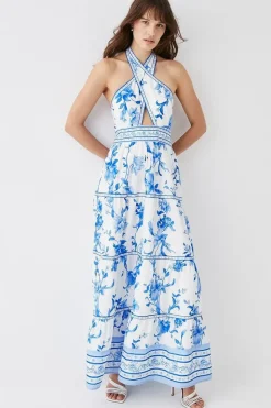Ribbon Trim Cross Front Tiered Maxi Dress