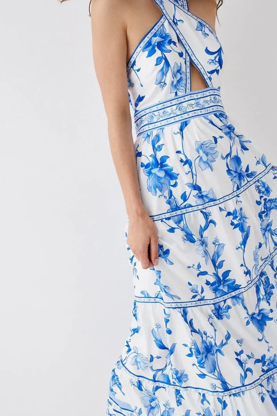 Ribbon Trim Cross Front Tiered Maxi Dress