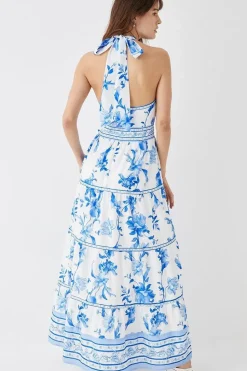 Ribbon Trim Cross Front Tiered Maxi Dress
