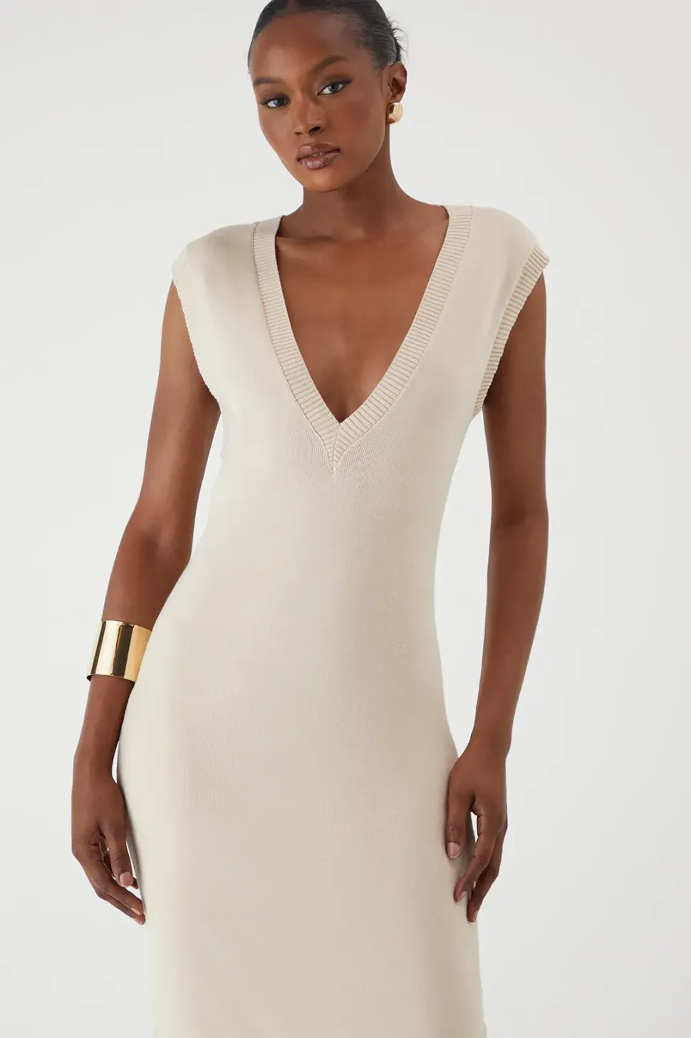 Rib Knit Plunge Sleeveless Vest Fitted Maxi Dress
