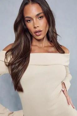 Rib Off The Shoulder Long Sleeve Midi Dress