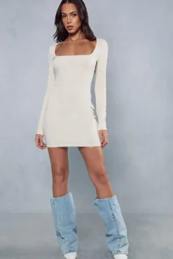 Rib Square Neck Long Sleeve Mini Dress