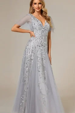 Romantic Shimmery V Neck Ruffle Sleeves Maxi Long Evening Gowns