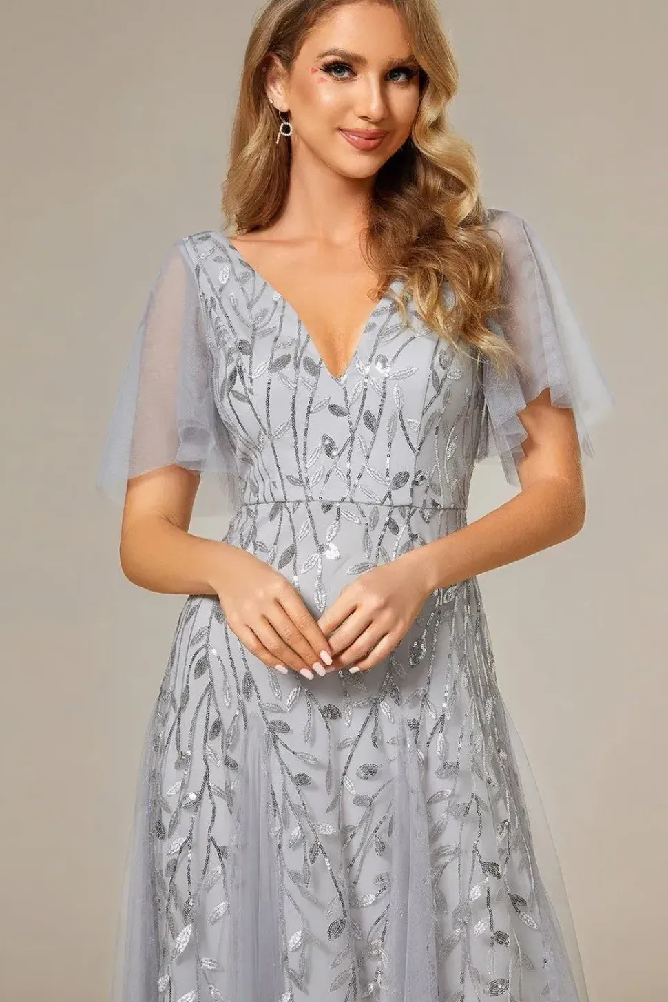 Romantic Shimmery V Neck Ruffle Sleeves Maxi Long Evening Gowns
