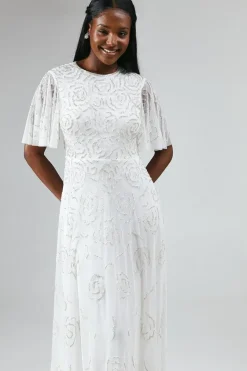 Rose Embroidered Angel Sleeve Wedding Dress