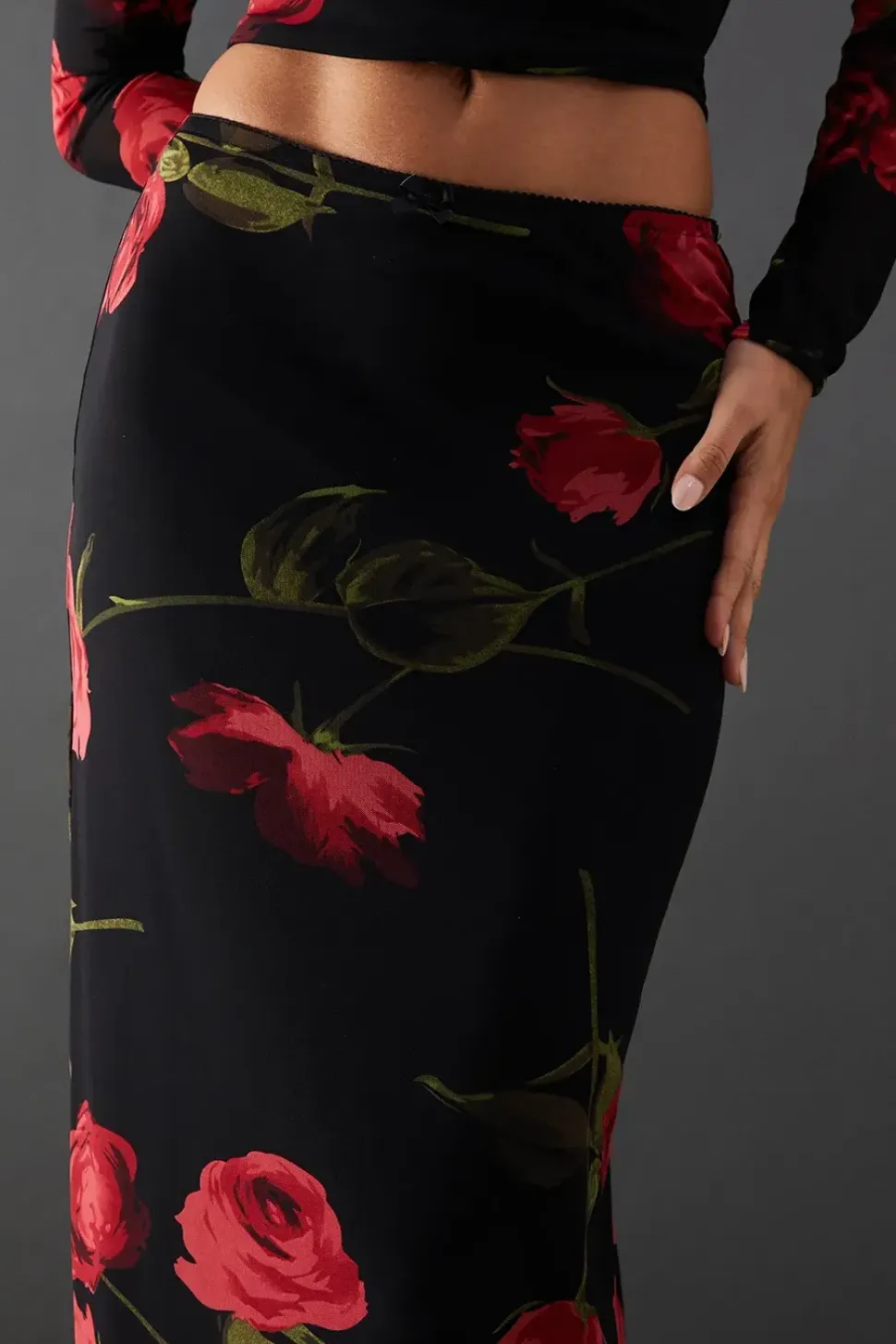 Rose Floral Mesh Bow Detail Midi Skirt