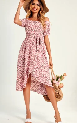 Rose Garden Bardot Frill High Low Slip Midi Dress In Pink