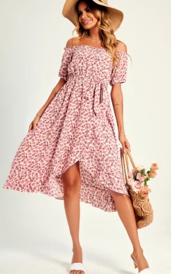 Rose Garden Bardot Frill High Low Slip Midi Dress In Pink