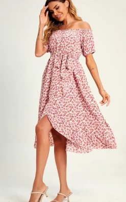Rose Garden Bardot Frill High Low Slip Midi Dress In Pink