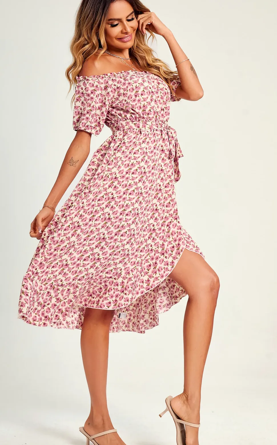 Rose Garden Bardot Frill High Low Slip Midi Dress In Pink