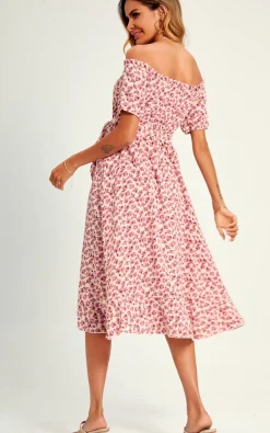 Rose Garden Bardot Frill High Low Slip Midi Dress In Pink