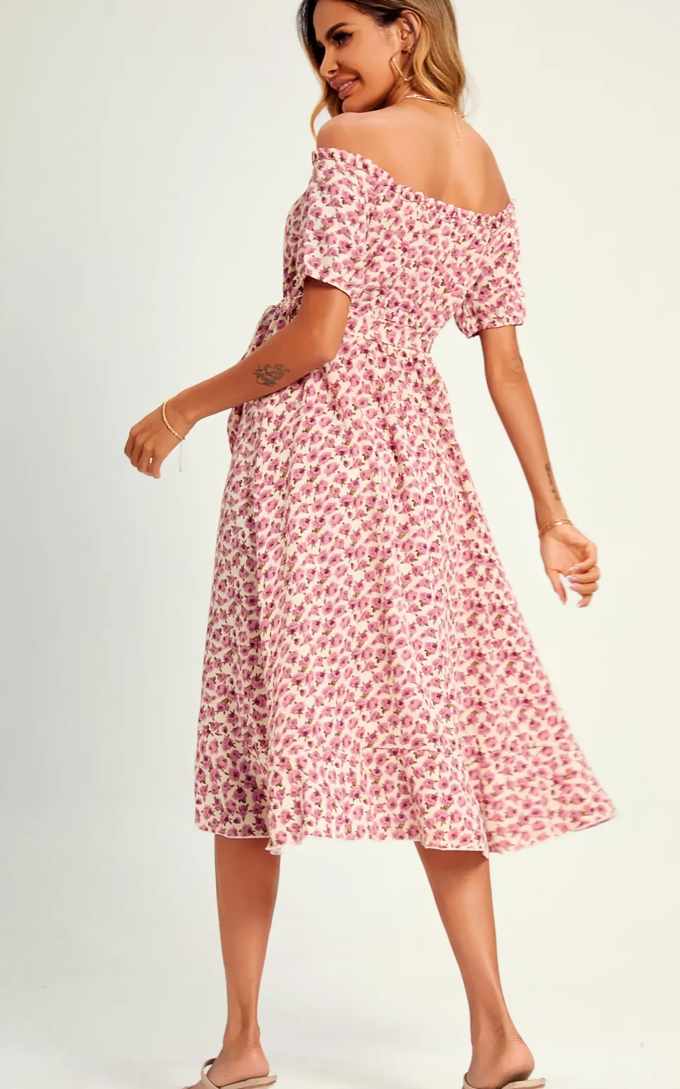 Rose Garden Bardot Frill High Low Slip Midi Dress In Pink