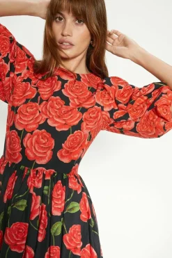Rose Placement Puff Sleeve Midi Dress