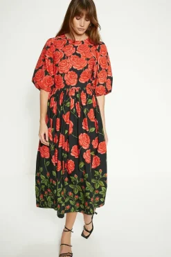 Rose Placement Puff Sleeve Midi Dress