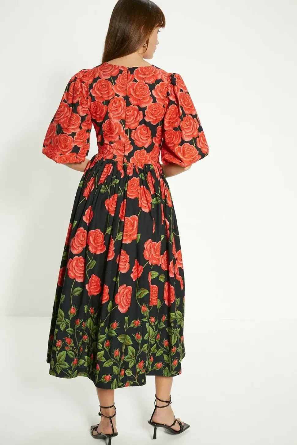 Rose Placement Puff Sleeve Midi Dress
