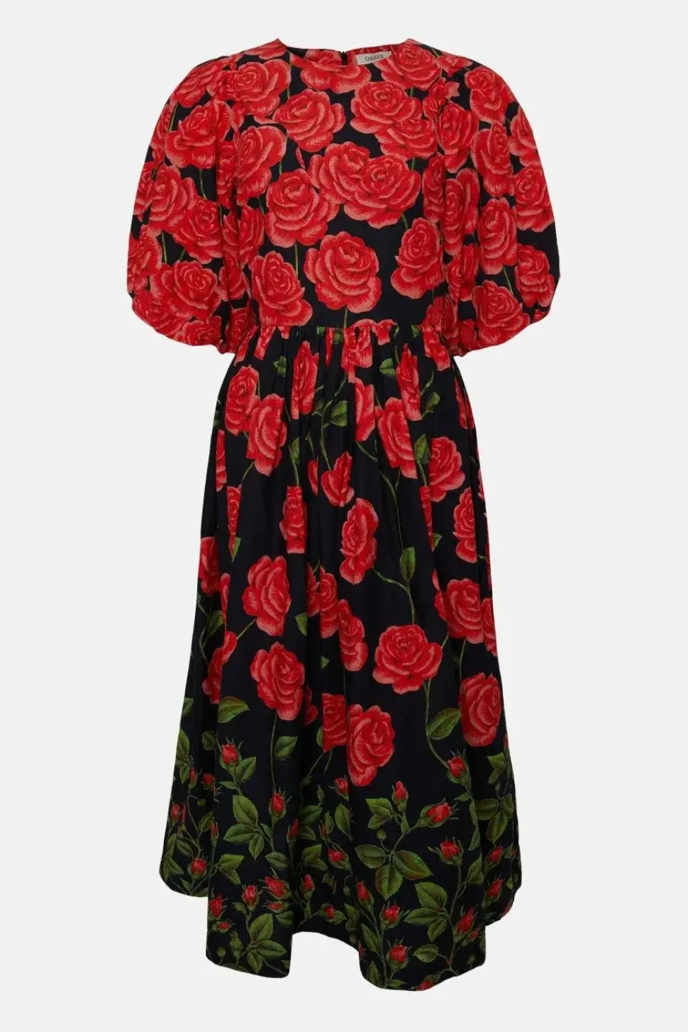 Rose Placement Puff Sleeve Midi Dress
