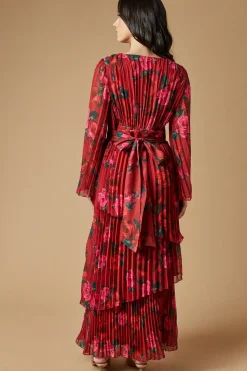 Rose printed Pleated Asymmetric Tiered Maxi Dress