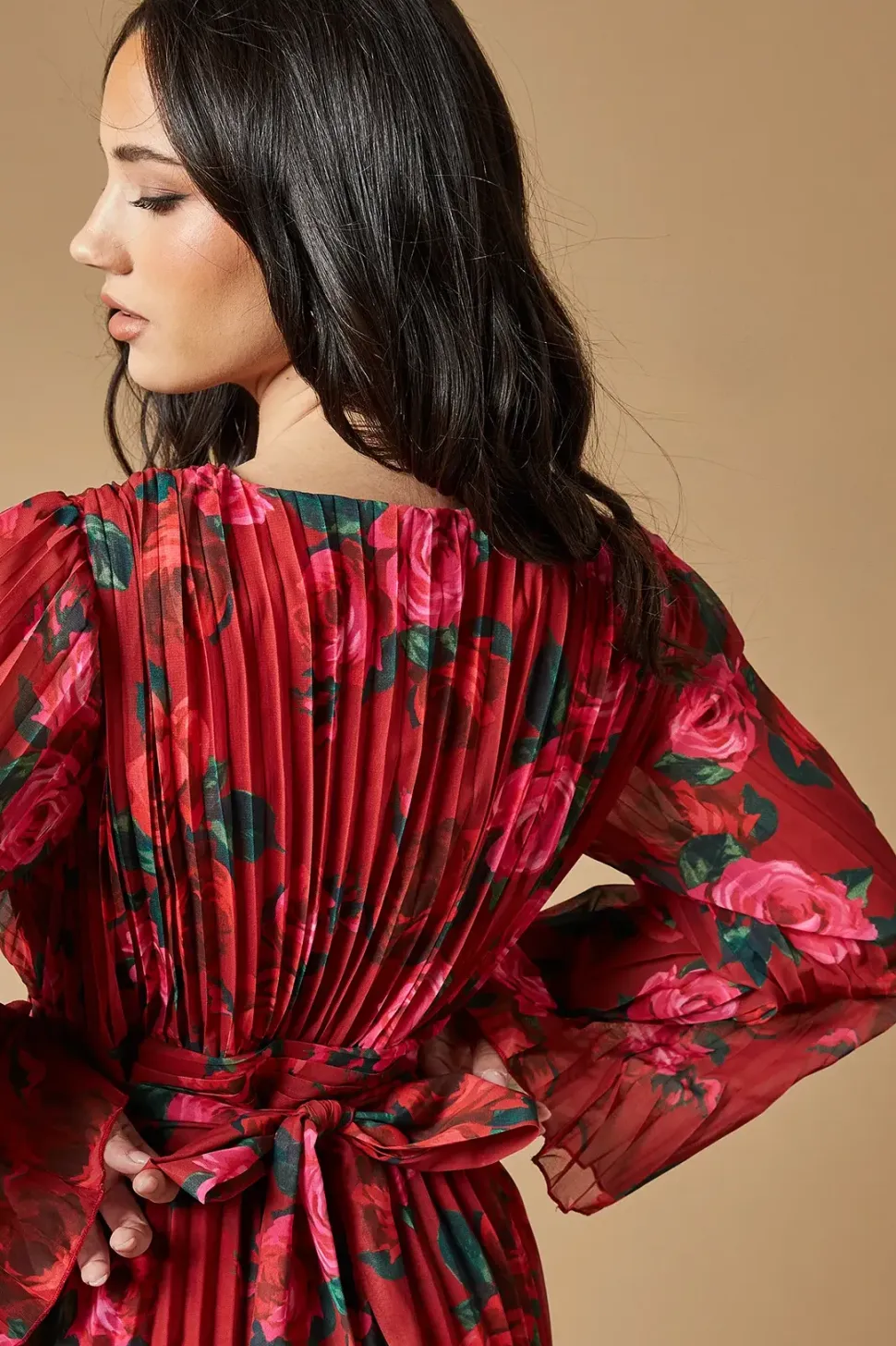 Rose printed Pleated Asymmetric Tiered Maxi Dress