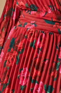 Rose printed Pleated Asymmetric Tiered Maxi Dress