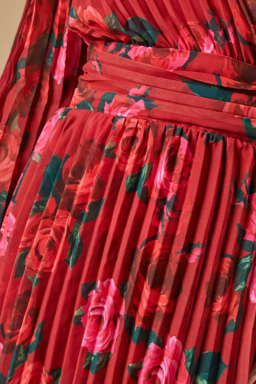 Rose printed Pleated Asymmetric Tiered Maxi Dress