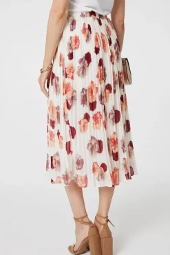 Rose Print Pleated High Waist Midi Skirt