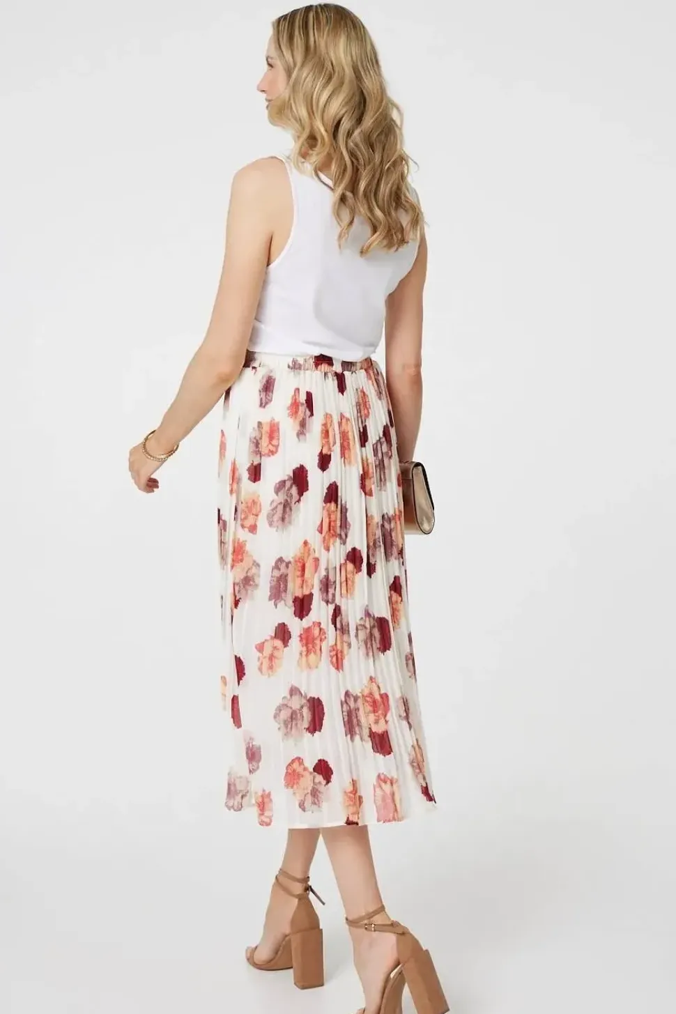 Rose Print Pleated High Waist Midi Skirt