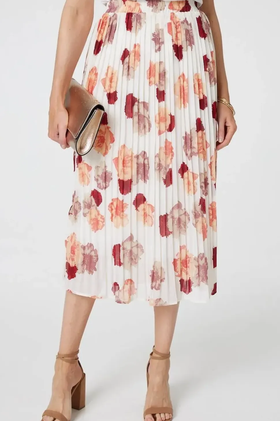 Rose Print Pleated High Waist Midi Skirt
