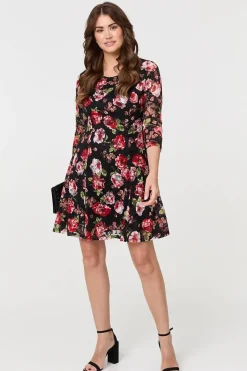 Rose Print 3/4 Sleeve Short Skater Dress