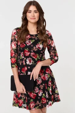 Rose Print 3/4 Sleeve Short Skater Dress