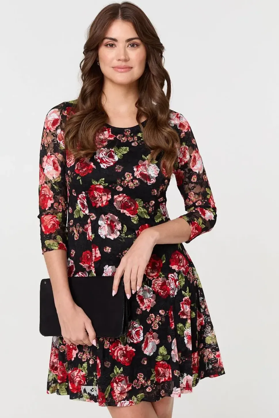 Rose Print 3/4 Sleeve Short Skater Dress