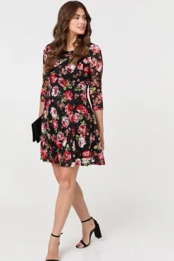 Rose Print 3/4 Sleeve Short Skater Dress