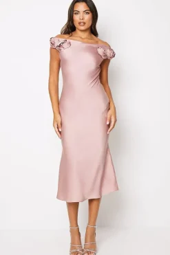 Rose Shoulder Bias Cut Midi Wedding Guest Dress