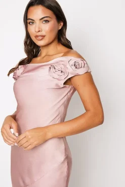Rose Shoulder Bias Cut Midi Wedding Guest Dress