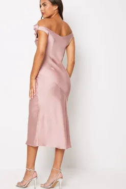 Rose Shoulder Bias Cut Midi Wedding Guest Dress