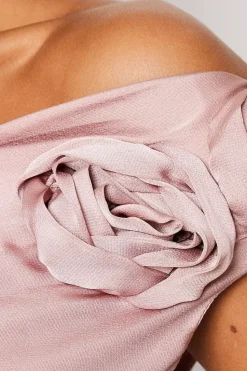 Rose Shoulder Bias Cut Midi Wedding Guest Dress