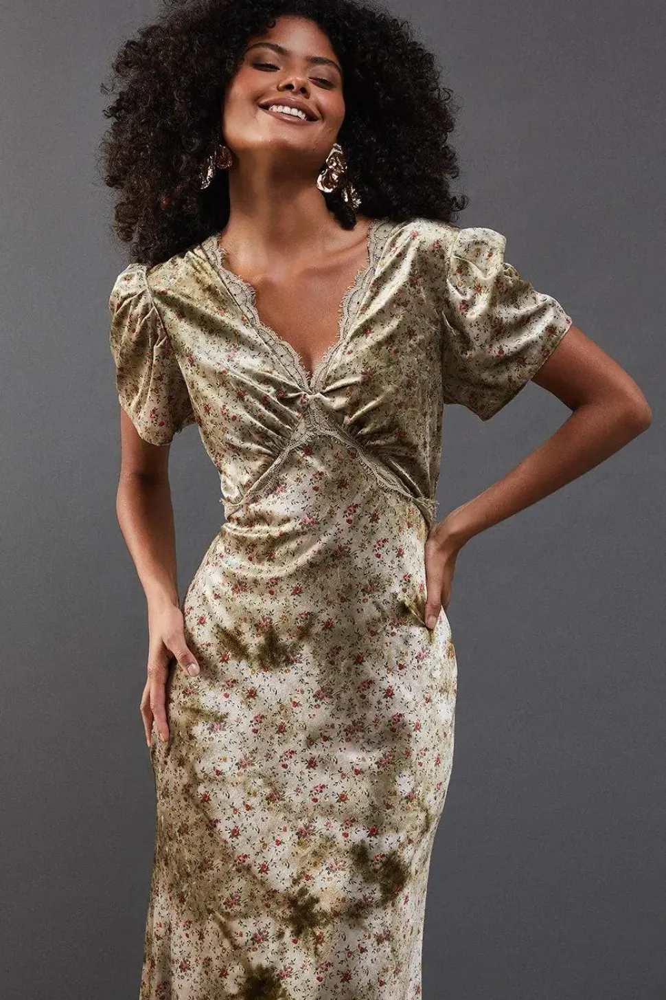Rose Velvet V Neck Midi Tea Dress