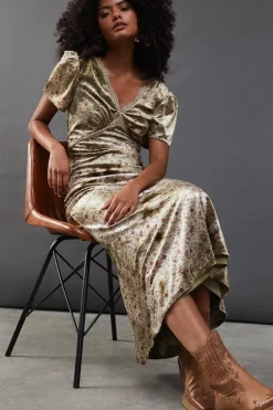 Rose Velvet V Neck Midi Tea Dress