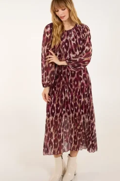 Round Neck Pleated Abstract Leopard Dress