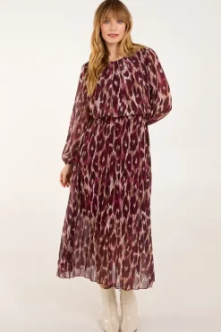Round Neck Pleated Abstract Leopard Dress