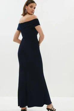Ruched Bardot Fishtail Maxi Dress