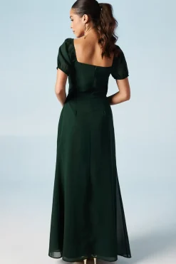 Ruched Bodice Puff Sleeve Chiffon Maxi Bridesmaids Dress