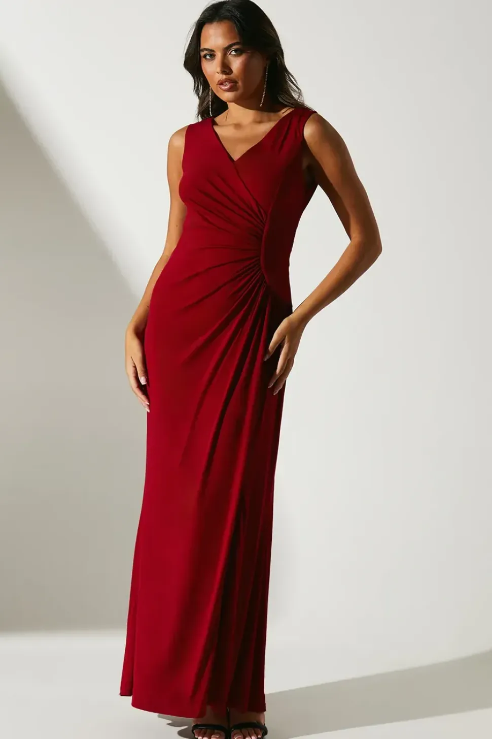 Ruched Bodice V Neck Jersey Fishtail Maxi Dress